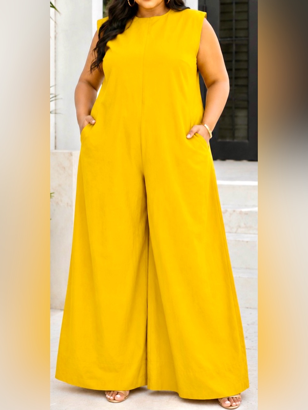 Women’s Yellow Wide-Leg Jumpsuit L (more like XL) see measurements.